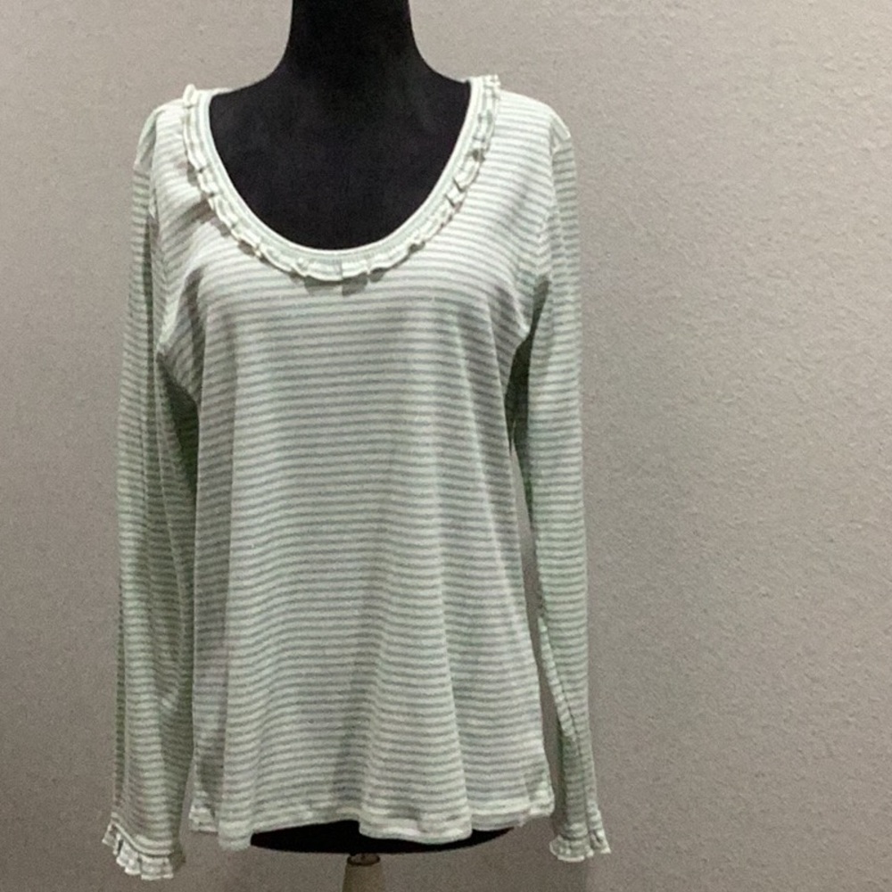 Boden Green Cream Striped Ruffled Frill Long Sleeve Shirt NWT size 16-18